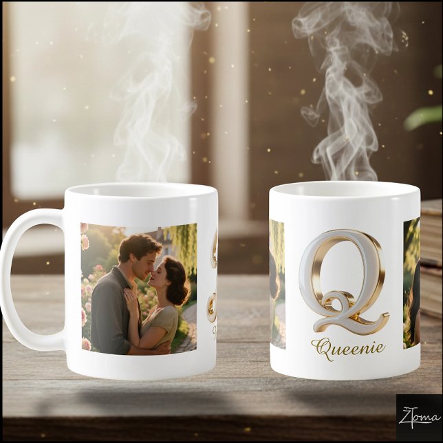 Mug Lettre Initiale Q en Or Blanc Cursif Luxueux + 2 P (Créateur téléchargé)