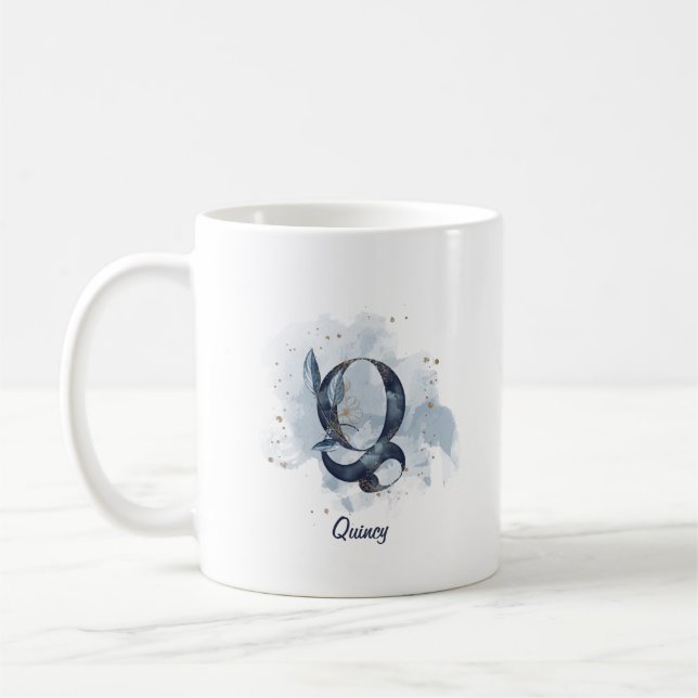 Mug Lettre initiale Q personnalisée aquarelle bleue (Gauche)