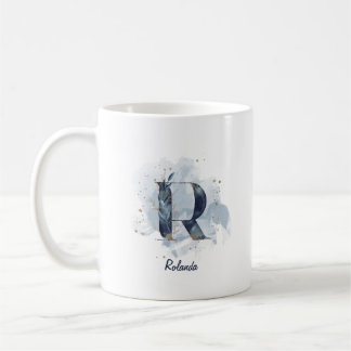 Mug Lettre initiale R personnalisée aquarelle bleue
