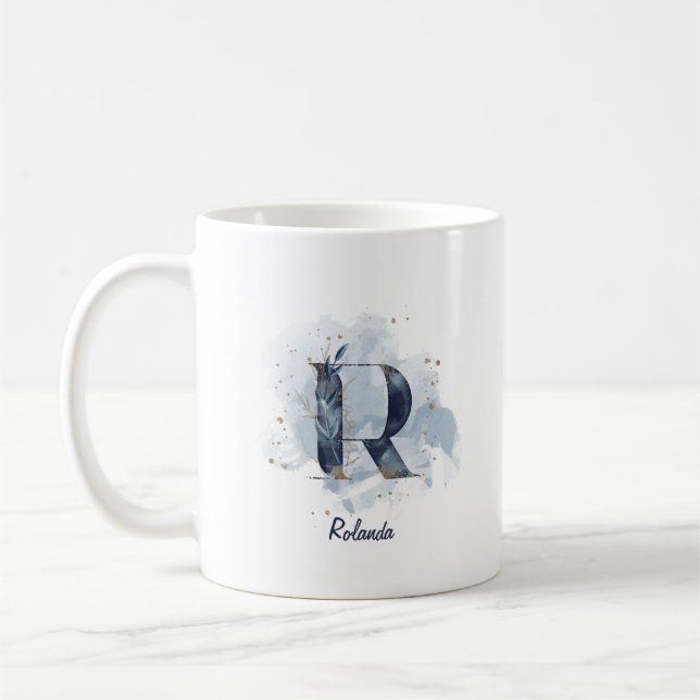 Mug Lettre initiale R personnalisée aquarelle bleue (Gauche)