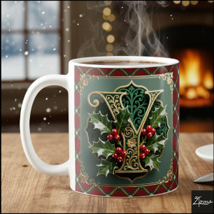 Mug Lettre initiale Y de Noël en or élégant au houx