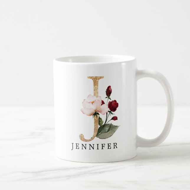 Mug Lettre J Fleur Burgundy et Blush Doré Élégant (Droite)
