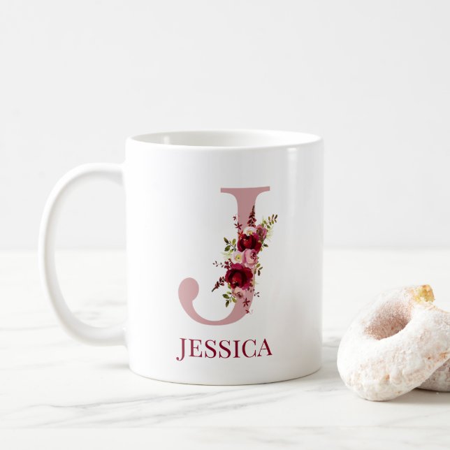 Mug Lettre J Floral Burgundy Blush (Avec donut)