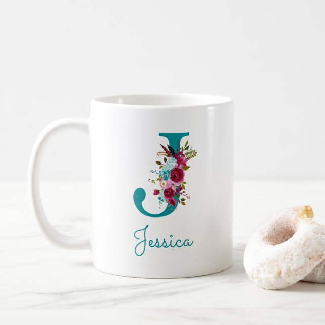 Mug Lettre J Floral Rose Turquoise (Avec donut)