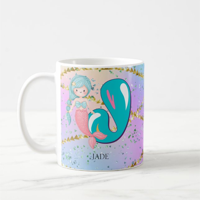 Mug Lettre J Monogram Aquarelle mignonne Sirène (Gauche)