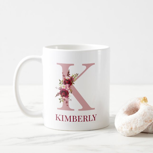 Mug Lettre K Floral Burgundy Blush (Avec donut)