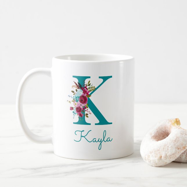 Mug Lettre K Floral Rose et Sarcelle (Avec donut)