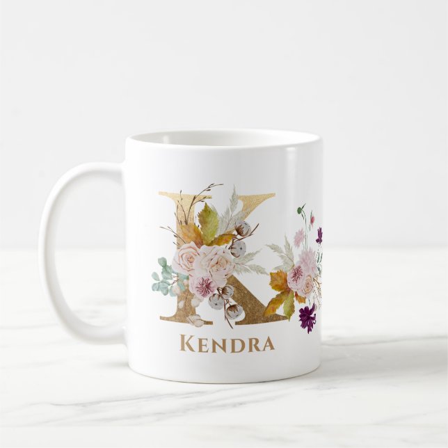 Mug Lettre K - Gold Floral Nom soeur collègue ami coll (Gauche)