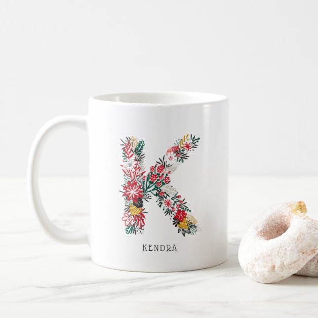 Mug Lettre K | LETTRE FLEURIE Whimsical Monogramme I M (Avec donut)