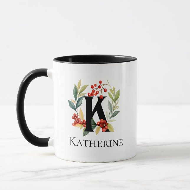 Mug Lettre K Monogramme Noël Berry Wreath (Gauche)