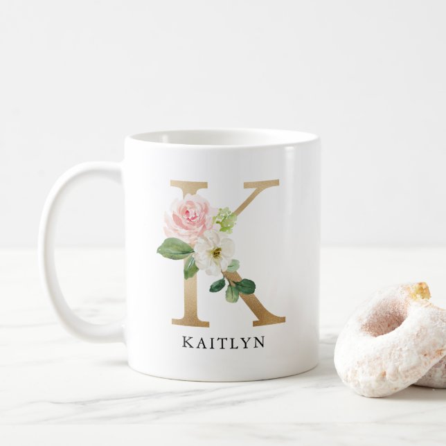 MUG LETTRE K MONOGRAPHIQUE ROSSE ET OR ROSE BLANCHE (Avec donut)