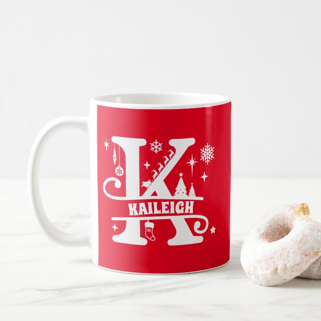 Mug Lettre K Noël Monogramme Nom initial Rouge (Avec donut)