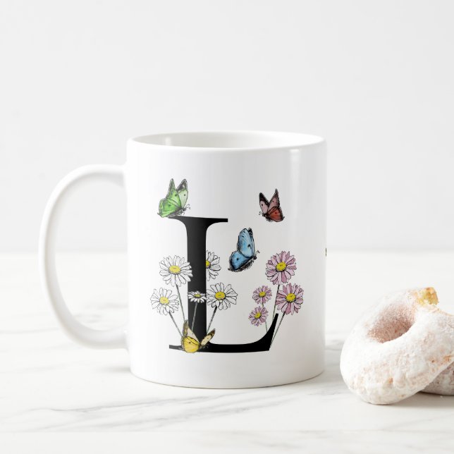 Mug Lettre L Floral Butterfly Monogramme initial (Avec donut)