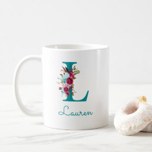 Mug Lettre L Floral Rose et Turquoise