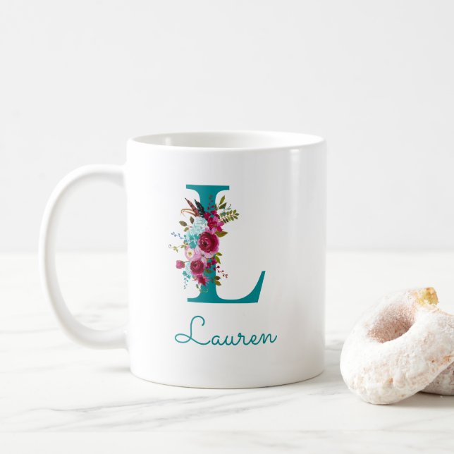 Mug Lettre L Floral Rose et Turquoise (Avec donut)