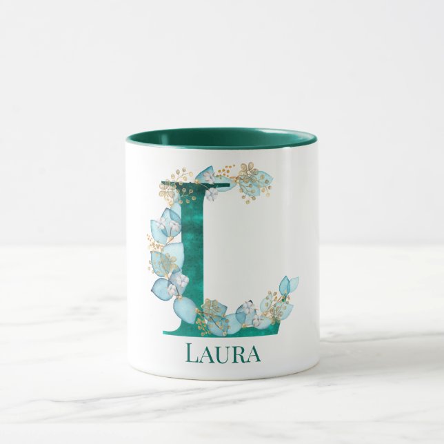 Mug Lettre L Monogramme Or et Sarcelle Aquarelle (Centre)
