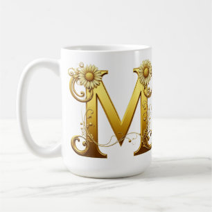 Mug Lettre M dorée élégante avec embellissements flora