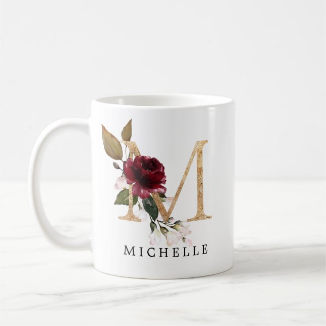 Mug Lettre M Fleurs Élégantes Or Bourgogne et Blush (Gauche)