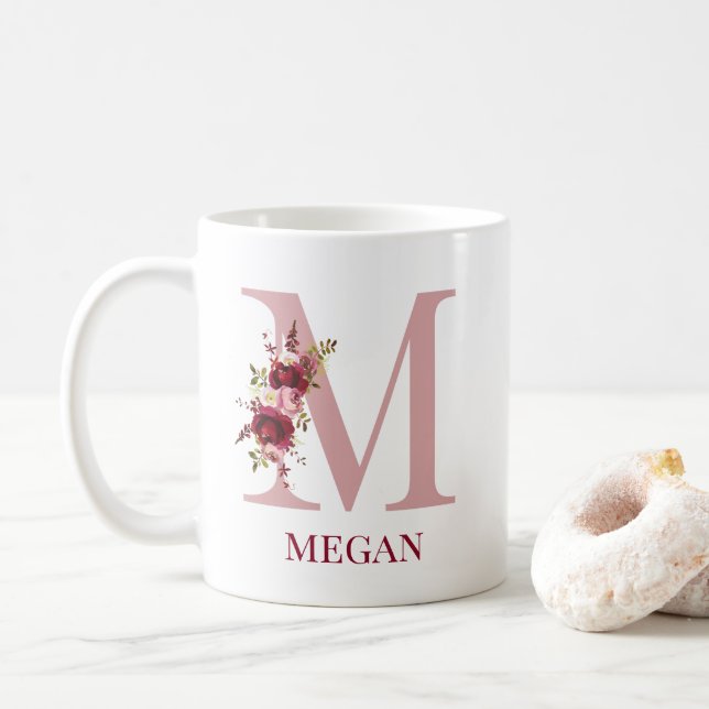 Mug Lettre M Floral Burgundy Blush (Avec donut)
