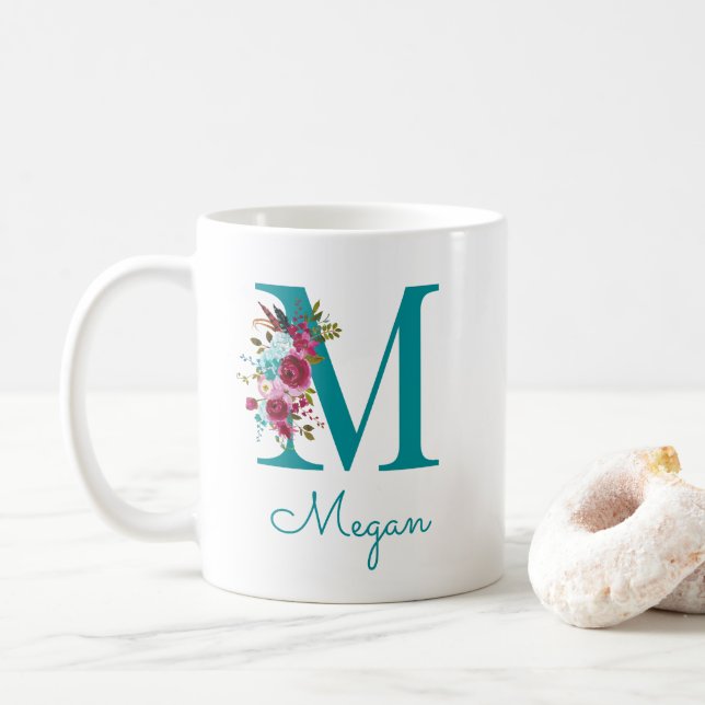 Mug Lettre M Floral Rose et Sarcelle (Avec donut)