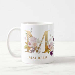 Mug Lettre m - Gold Floral Nom soeur collègue ami coll