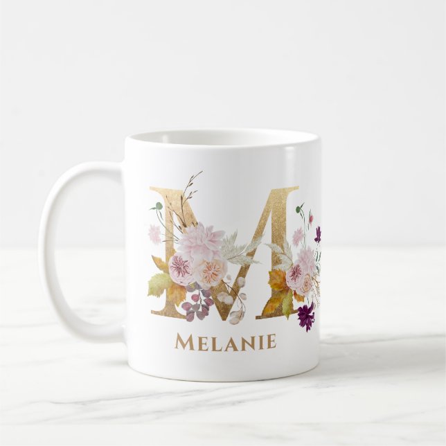 Mug Lettre M - Gold Floral Nom soeur collègue ami coll (Gauche)