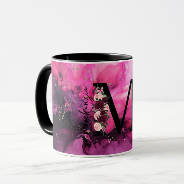 Mug Lettre M Monogramme en Marbre Rose et Violet (Devant gauche)