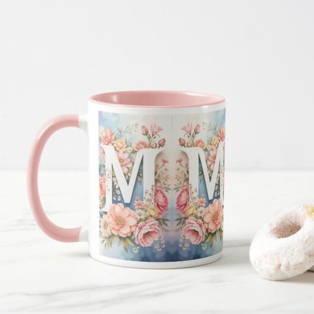 Mug Lettre M Monogramme Floral Élégant Vintage (Avec donut)