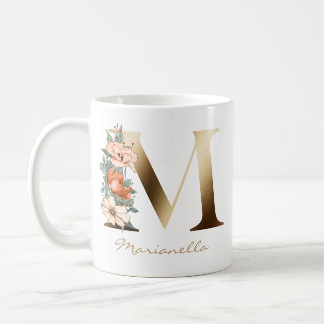 Mug Lettre M Monogramme Or Brûlé Orange Florales (Gauche)