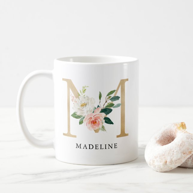 Mug LETTRE M MONOGRAPHIQUE M Rose et or (Avec donut)