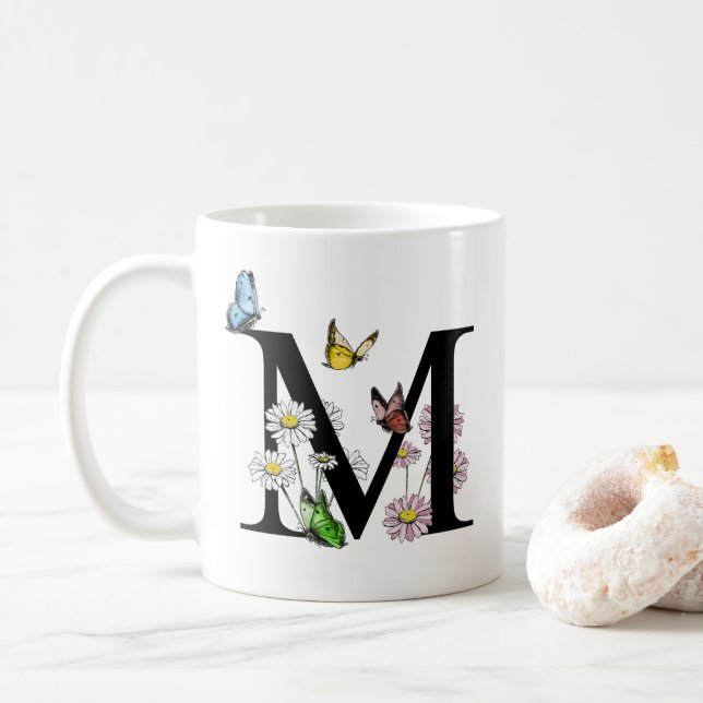 Mug LETTRE M MONOGRAPHIQUE MOYENNE AQUATIQUE Florale (Avec donut)