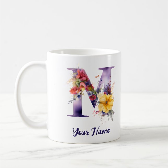 Mug Lettre "M" personnalisée Papillon et Fleurs (Gauche)