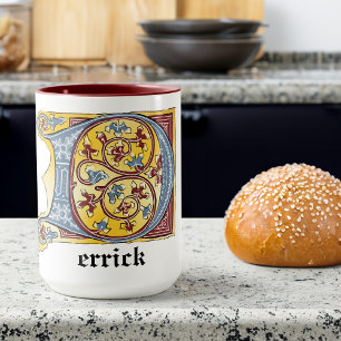 Mug Lettre médiévale bleue et rouge ivoire illuminée D