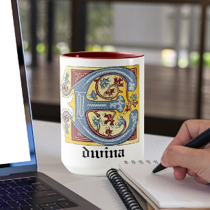 Mug Lettre médiévale bleue et rouge ivoire illuminée E