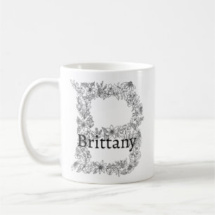 Mug Lettre monogramme B Botanique Florale Noir Blanc