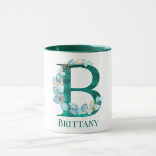 Mug Lettre monogramme B en aquarelle sarcelle et or