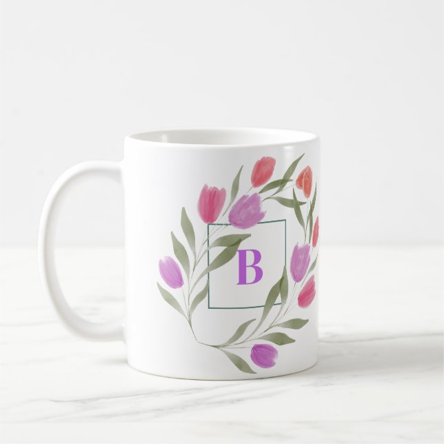 Mug Lettre monogramme B violet & blanc avec fleurs (Gauche)