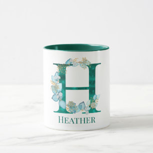 Mug Lettre monogramme H en aquarelle sarcelle et or