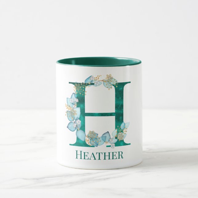 Mug Lettre monogramme H en aquarelle sarcelle et or (Centre)