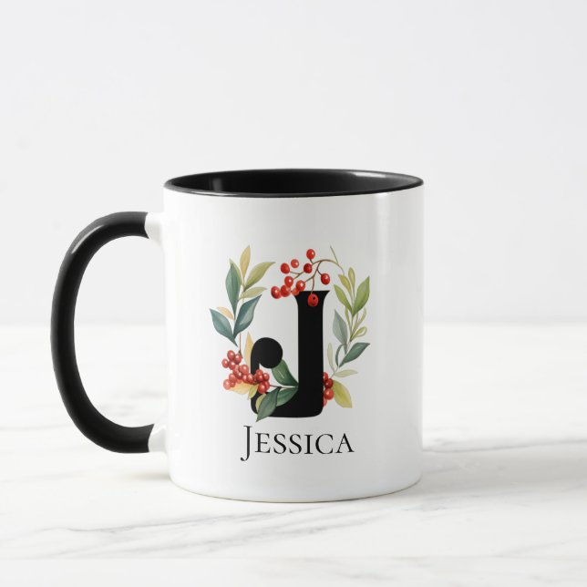 Mug Lettre monogramme J Christmas Berry Wreath (Gauche)