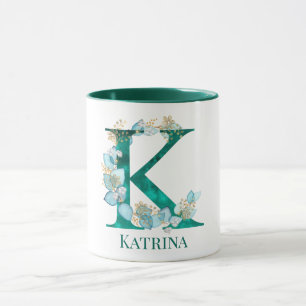 Mug Lettre monogramme K en aquarelle sarcelle et or