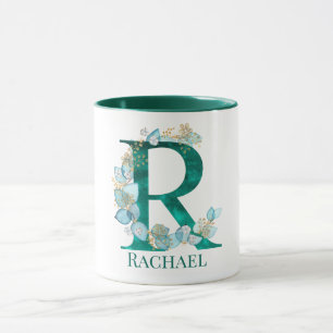 Mug Lettre monogramme R en aquarelle sarcelle et or