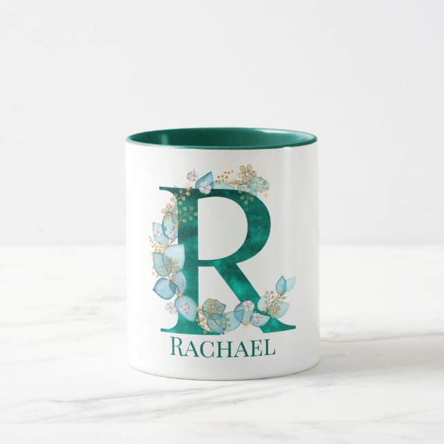Mug Lettre monogramme R en aquarelle sarcelle et or (Centre)