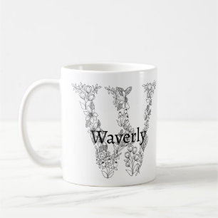 Mug Lettre monogramme W Blanc noir Botanique Floral