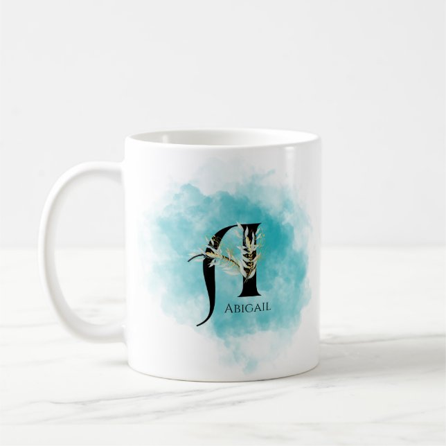 Mug LETTRE MONOGRAPHIQUE Élégante A Turquoise Fleur d' (Gauche)