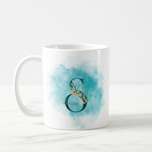 Mug LETTRE MONOGRAPHIQUE Élégante A Turquoise Fleur d' (Gauche)