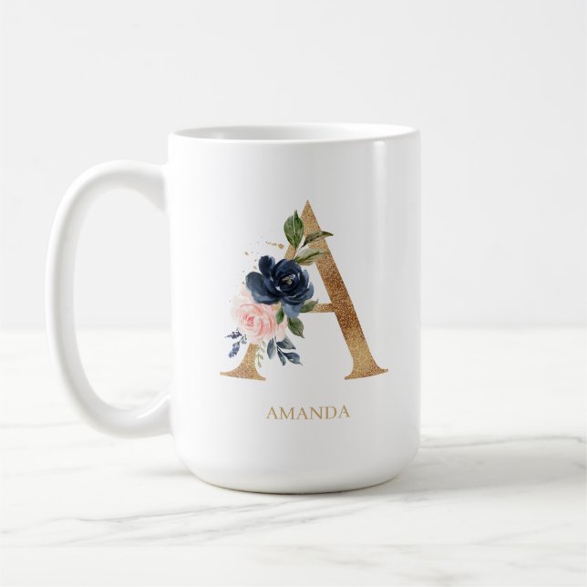 Mug LETTRE MONOGRAPHIQUE Florale Blush Navy "A" Person (Gauche)