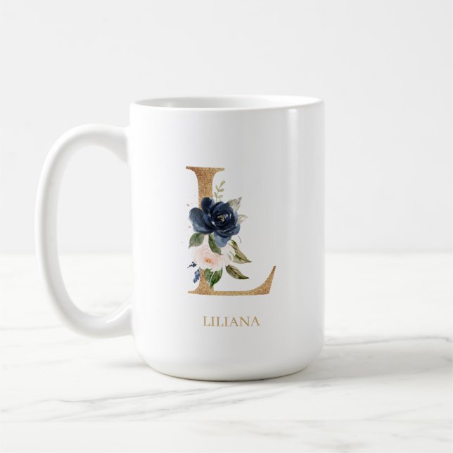 Mug LETTRE MONOGRAPHIQUE Florale Blush Navy "L" Person (Gauche)