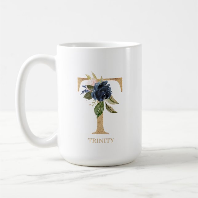 Mug LETTRE MONOGRAPHIQUE Florale Blush Navy "T" Person (Gauche)