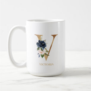 Mug LETTRE MONOGRAPHIQUE Florale Blush Navy "V" Person